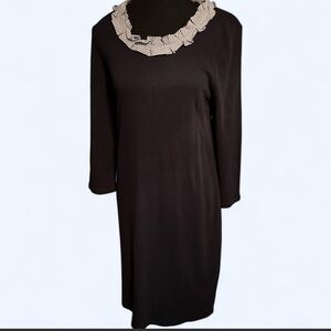 Talbots navy Dress with Striped Ruffle Neckline